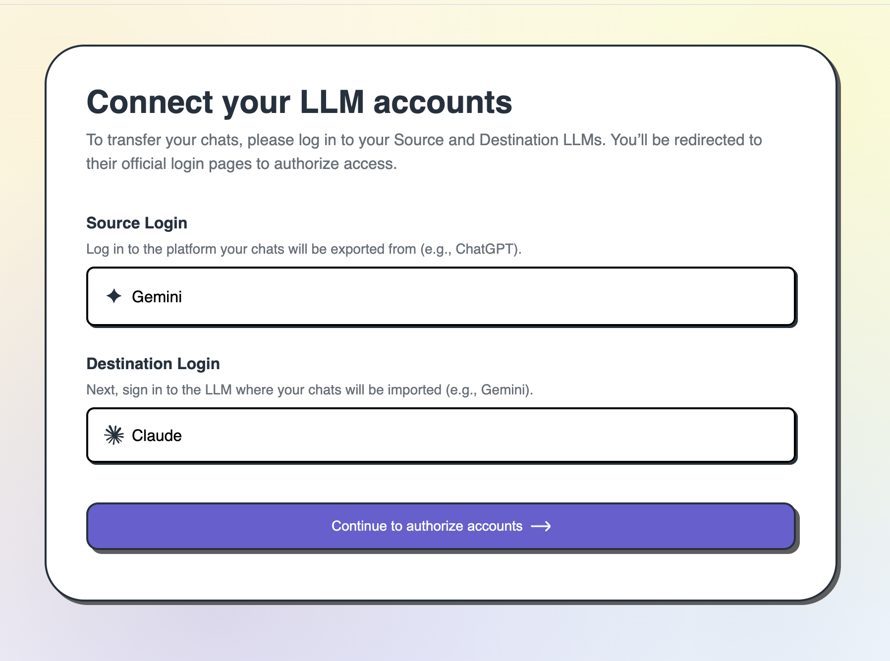 Gemini2Claude connect screen — authorize your Google Gemini account