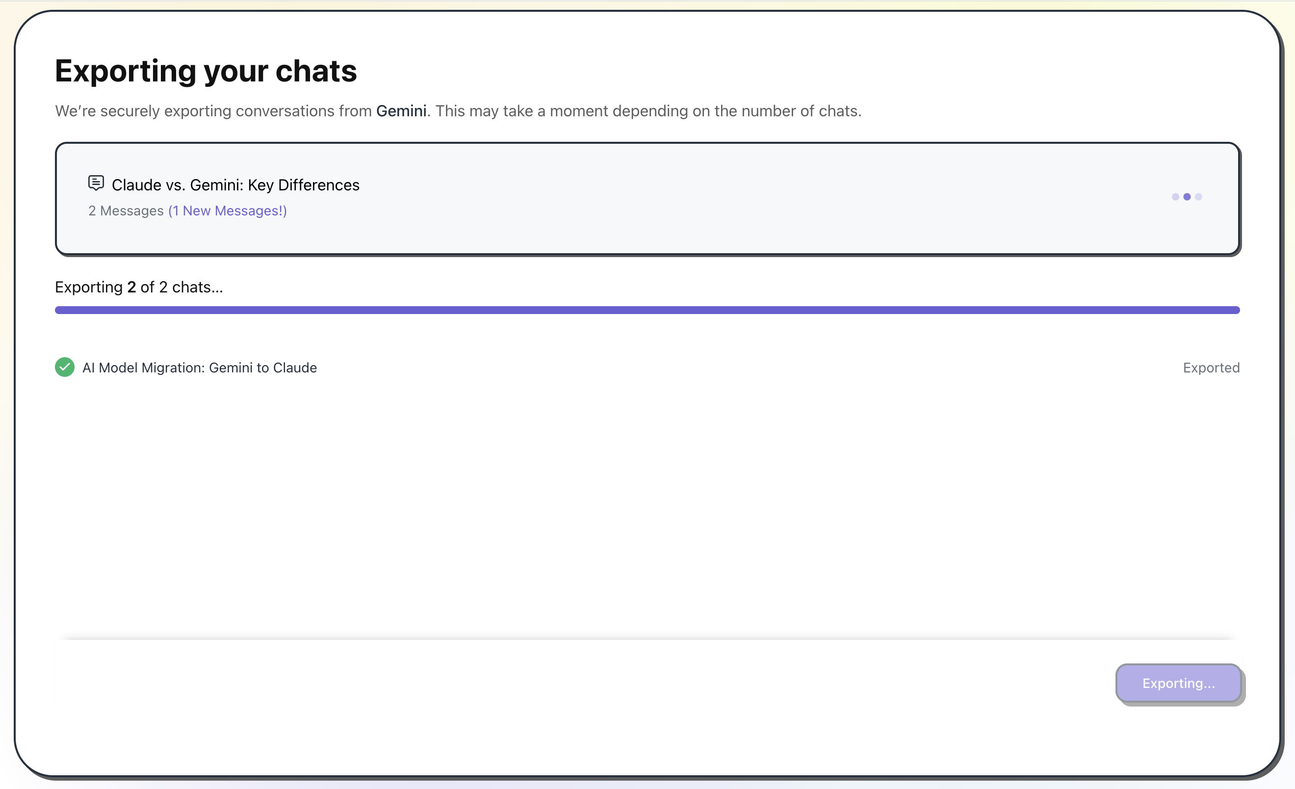 Gemini2Claude export screen — converting conversations locally