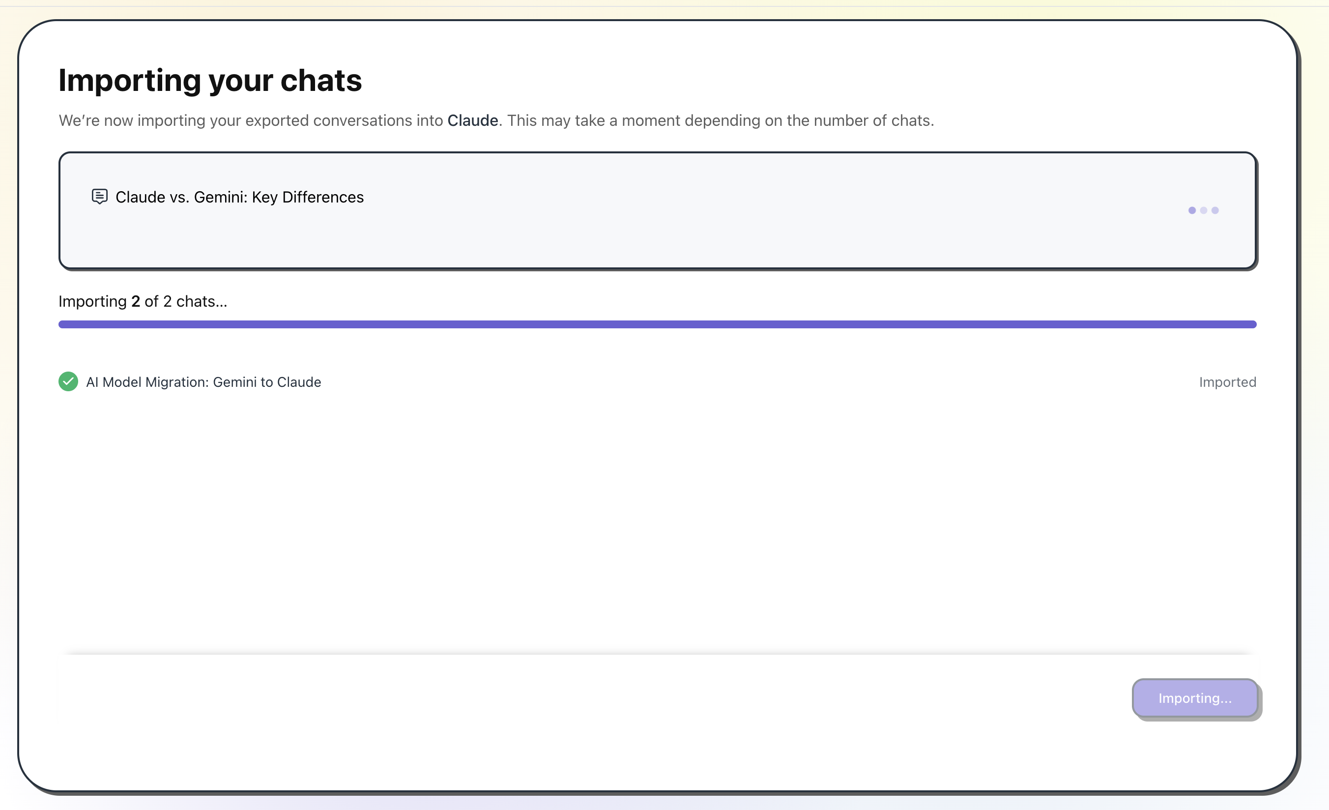 Gemini2Claude import screen — writing conversations to Claude