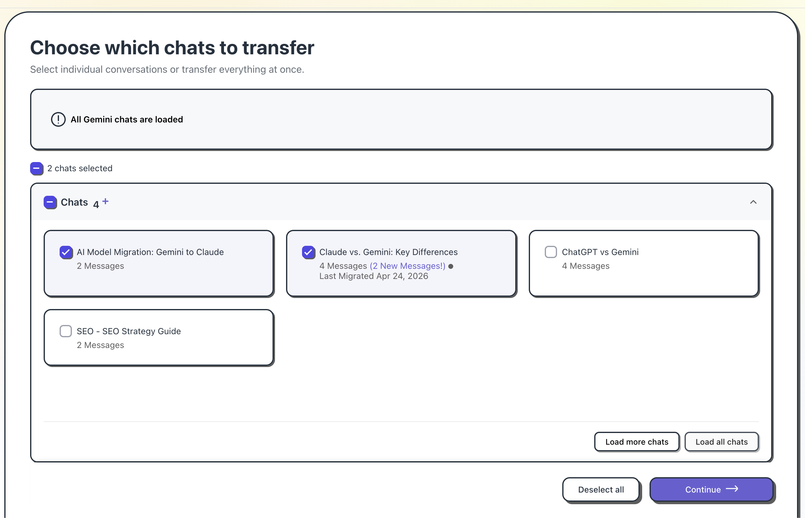 Gemini2Claude select conversations screen — choose chats to migrate